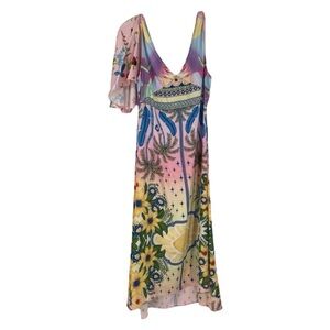 Oceanus Camille Multicolor Satin V Neck Tropical Resortwear Beach Midi Dress XL